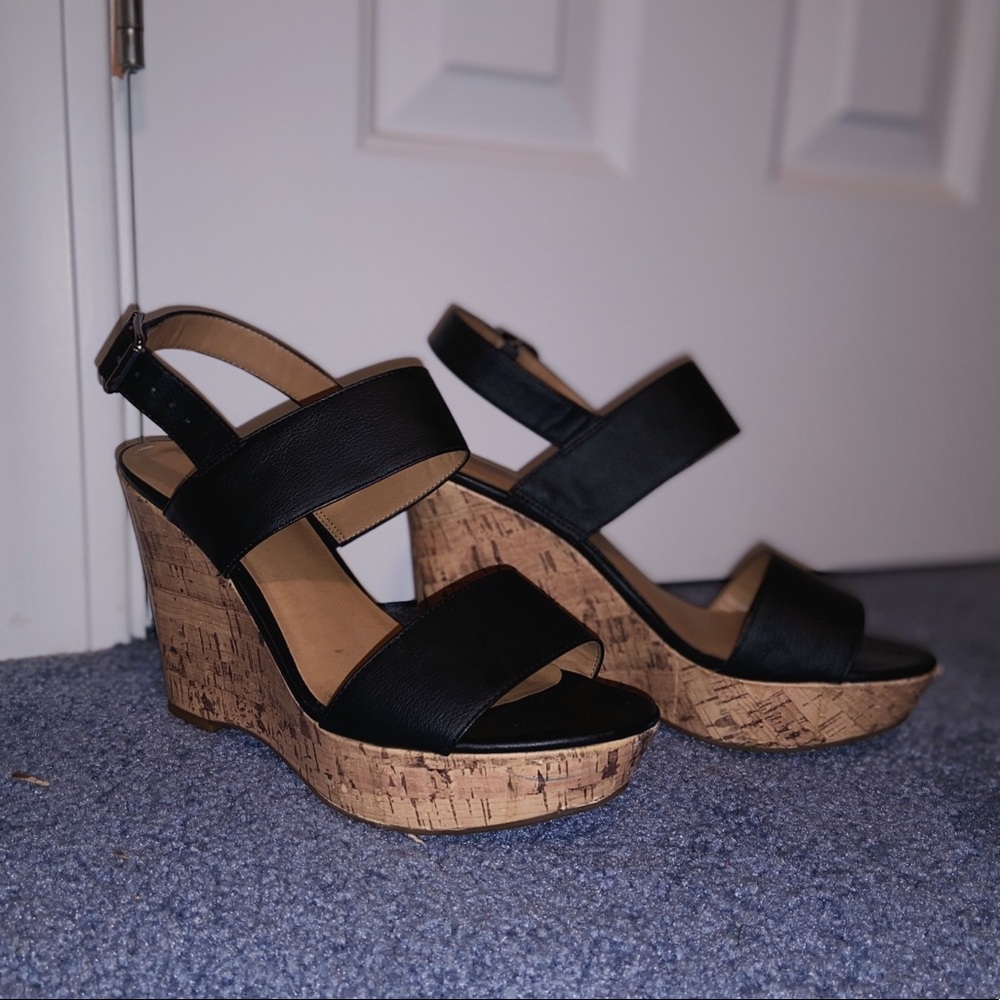 Black strap cork wedge heels